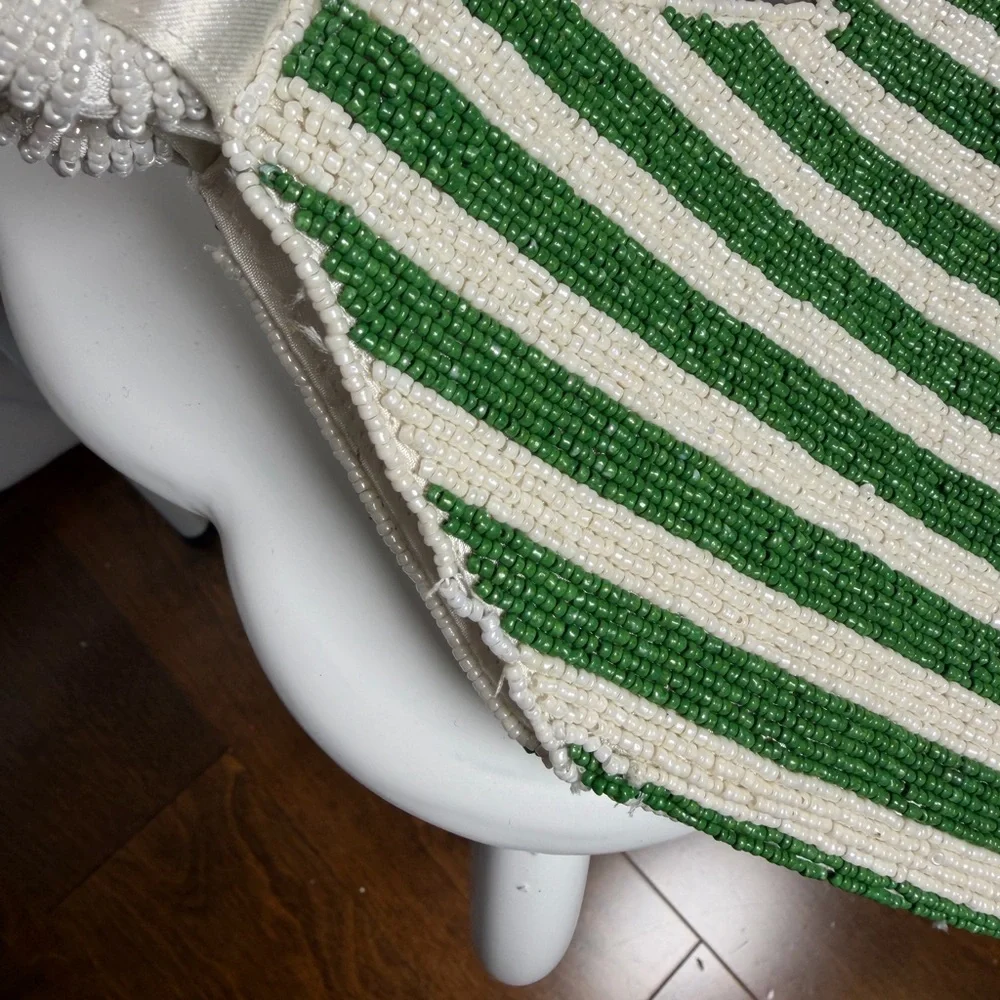 Popular Green and White Striped Martini Beaded Bag Tote - Picture 4 of 4